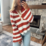 Rust & Cream Grommet Henley Sweater