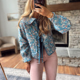 Teal Grannies Love Floral Heart Stitching Quilted Tie Jacket