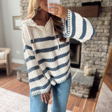 Cream & Navy Striped Hooded Sweater
