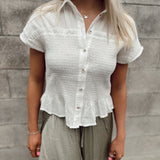 Marjorie Ivory Smocked Button-Up Blouse