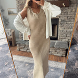 Mocha Striped Knit Tank Midi Dress