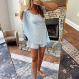 Light Blue Puff Sleeve Tie Waist Romper