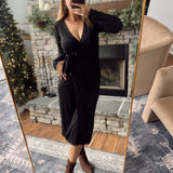 Renee Ribbed Tie-Waist Black Midi Dress