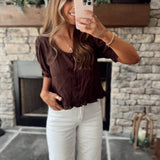 Chocolate Brown Scoop Neck Ruffled Button Down Babydoll Top