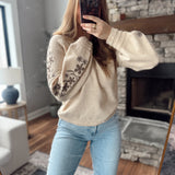 Oatmeal Floral Embroidered Sleeve Sweater