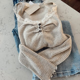 Soft Taupe Rib Lace Trimmed Henley Top