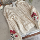 Ivory Flower Embroidered Cable Sweater Top
