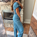 Denim Puff Sleeve Semi Barrel Jumpsuit