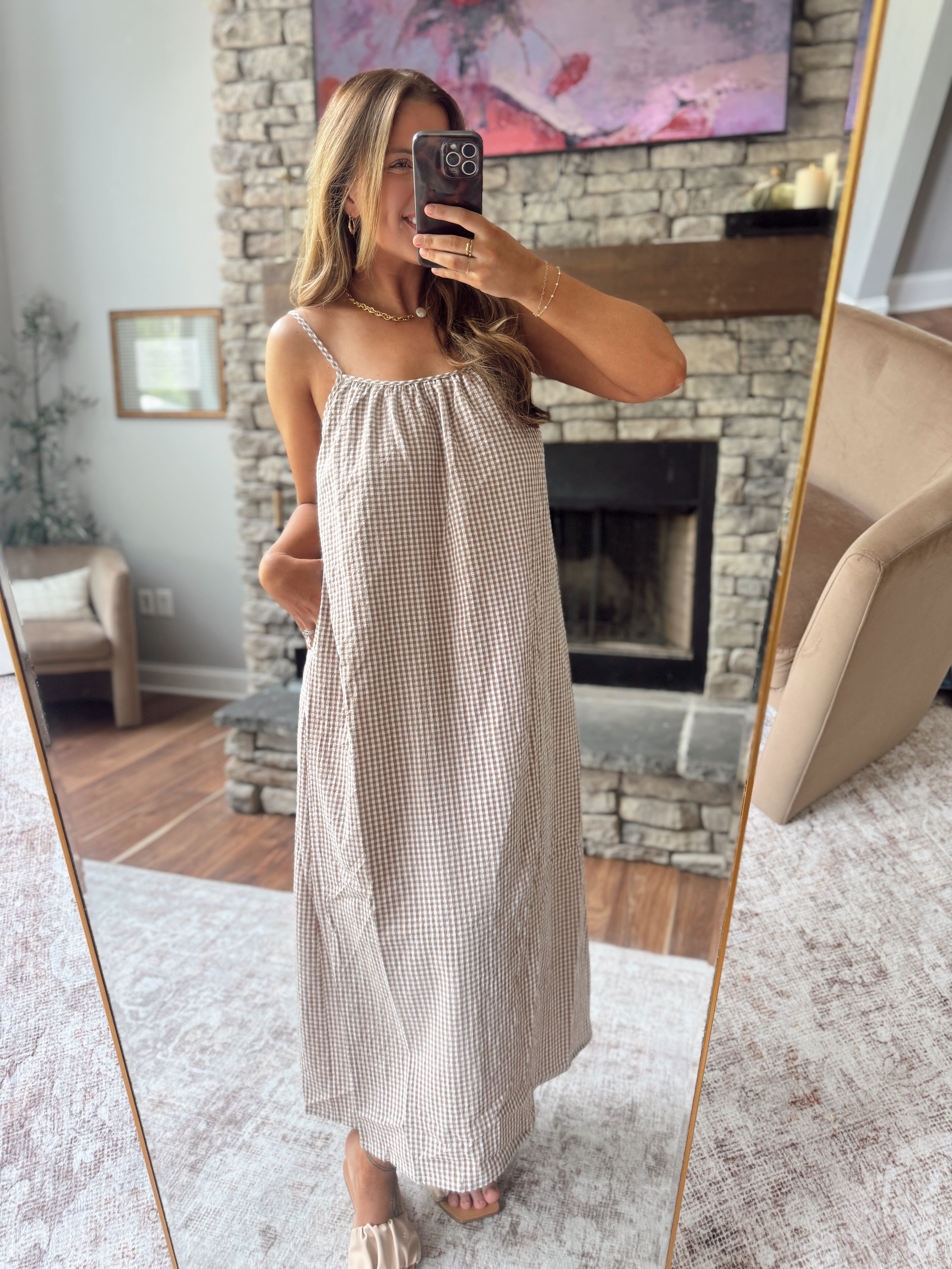 brunch midi dresses Brown Polka Dot Smocked Midi Dress | Women's Boutique Style
