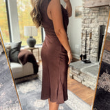 Dark Fig Satin Draped Midi Dress