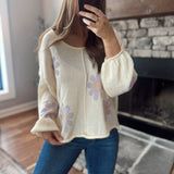 Cream Lilac Exposed Seam Flower Pattern Knit 3/4 Sleeve