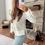 Olive/Cream Striped Rolled Hem Knit Sweater