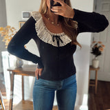 Black Lace Yoke Long Sleeve Top