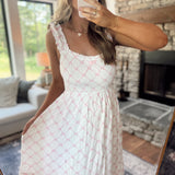 Vivi Pink Bow Pattern Ruched Sleeve Smocked Midi