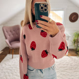 Pink Strawberry Crew Neck Cropped Sweater IN STORE