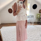 Dusty Pink Embroidered Satin Midi Skirt