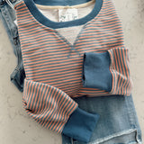 On Point Ocean Blue/Coral Mini Stripe Oversized Crew