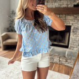 Blue Gingham Puff Sleeve Top