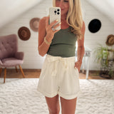 White Drift Into The Coast Linen Pleated Shorts with Tie Belt