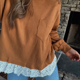 Sepia Lace Trim Thermal Knit Top