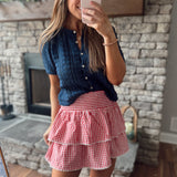 Lola Red/White Gingham Tiered Lace Hem Smocked Mini Skirt