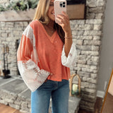 Sunni Coral V Neck Floral Lace Wide Sleeve Top