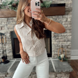 Bree Stone Sleeveless Cropped Collared Button Down Top