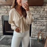 Taupe Hooded Split Neck Long Sleeve