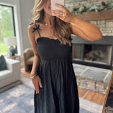 Black Rhea Sweetheart Smocked Bow Strap Midi