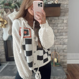 Cove Cream Multi Checkered and Crochet Knit Balloon Sleeve Button Up