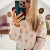 Rosie Love Lt Pink Floral Crew Cropped Sweater IN STORE