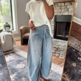 Washed Blue Waist Tie Detail Corduroy Pants