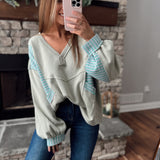 Olive Multi Tracey Stripe V-Neck Pullover Sweater w/ Side Pockets