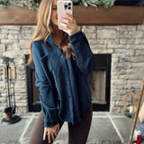 Navy Raw Edge Button Down Shacket