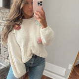 Presley POL Cream Flower Patch Chunky Knit Crew Sweater