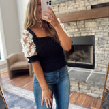 Fashion Forward Black Floral Lace Puff Short Sleeve Knit Sweater