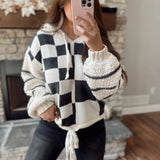 Kenzie Ivory/Black Checker Drawstring Hooded Sweater