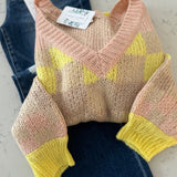 Bright Side Taupe Checkered Print V-Neck Sweater