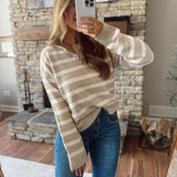 Mocha & Pink Striped Henley Sweater