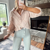 Going West Blush Flower Eyelet Ruffle Pocket Button Down