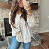 Off White Sweet & Delightful V-Neck Textured Baby Doll Long Sleeve