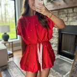 Hot Stuff Red Cotton Terry Pearl Studded Cropped Bubble Hem Top