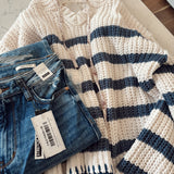 Cream & Navy Striped Hooded Sweater
