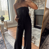 Straight To The Top Black Strapless Front Tie Jumpsuit