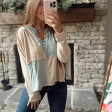 Grayce Sand/Blue Color Block V-Neck Long Sleeve