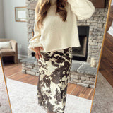 Brown Satin Cow Print Midi Skirt