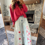 Floral Denim Twill Trim Wide Pants