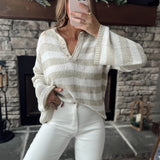 Nancy Sand Multi V Neck Striped Knit Sweater