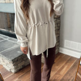 Evelyn Ecru Scuba Turtle Neck Pullover with Drawstring Waist