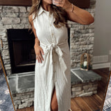 Jordyn Oatmeal Button Up Midi with Waist Tie
